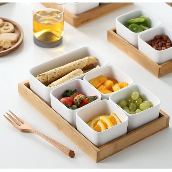 Porcelain Serving Platter 5 pieces with Wooden Stand 